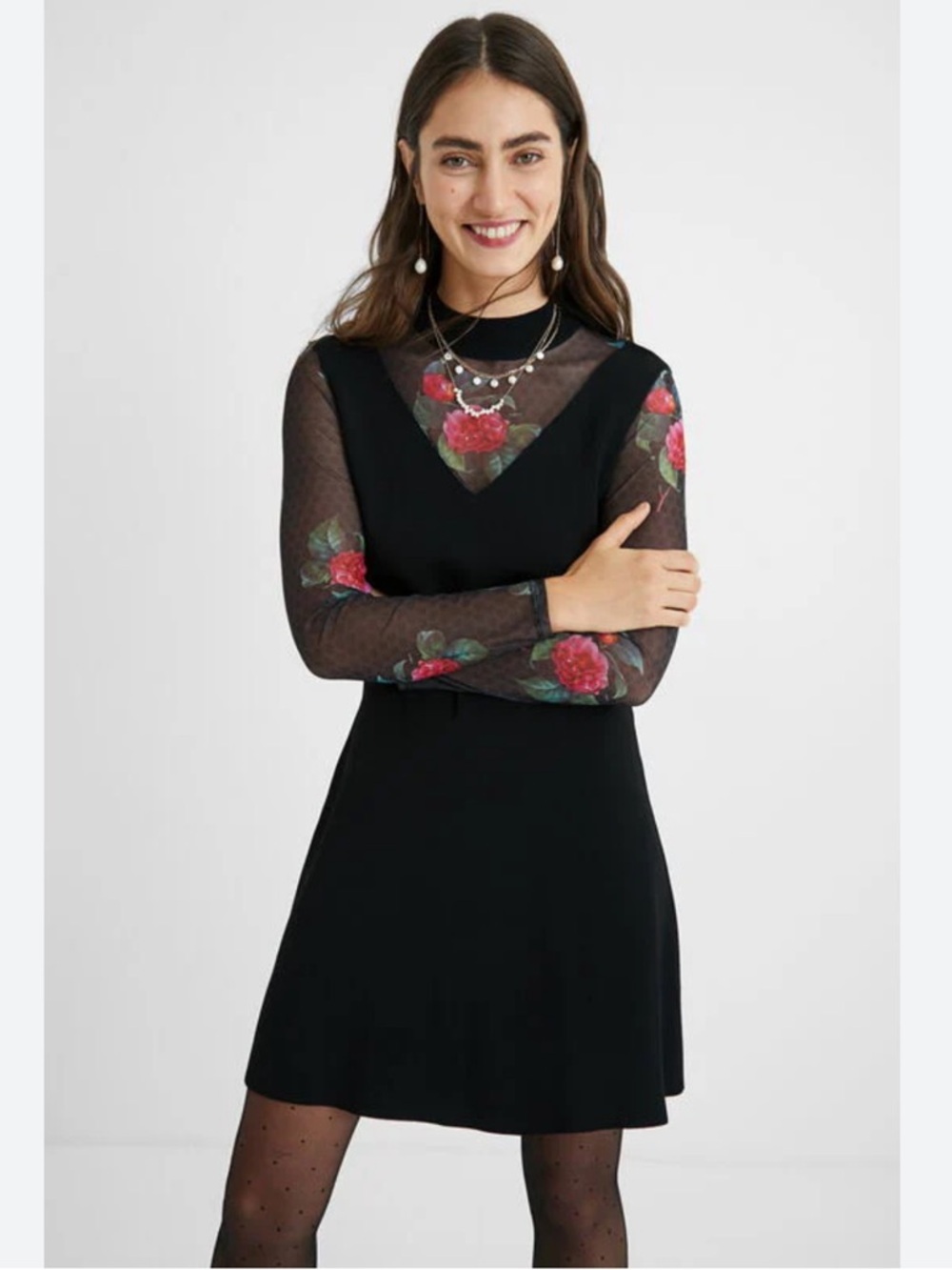 Desigual Black Floral Mesh Sleeve A-Line size XS artsy feminine